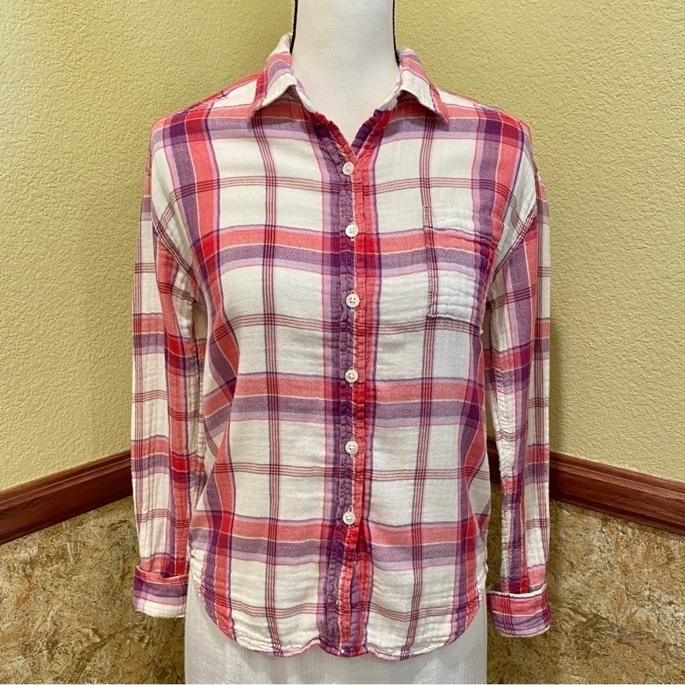American Eagle Flannel Plaid Boyfriend Fit Button Shirt Pink Purple White Small